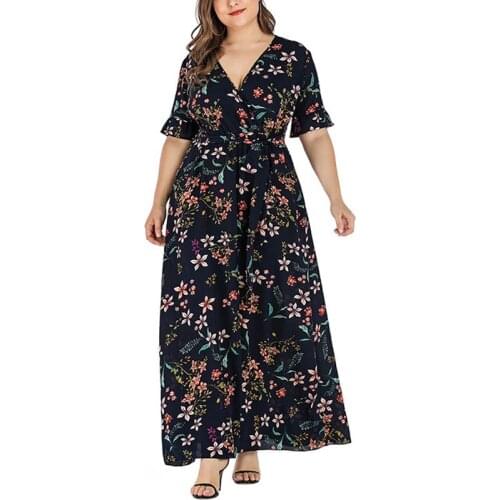 Summer large size dress 4XL 5XL 6XL 7XL 8XL bust 135CM sexy V-neck lace fashion print flared sleeve dress