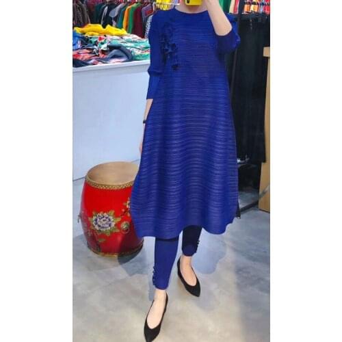 HOT SELLING Fashion Miyake fold solid dress three quarter o-neck appliques A-Line dress IN STOCK