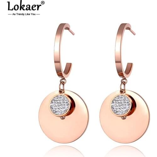 Lokaer Trendy Stainless Steel Rose Gold Drilling Disc Earrings Bohemia Clay Shiny Rhinestone Creative Jewelry For Women E19104