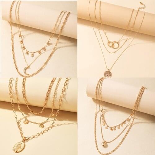 HuangTang Multilayer Heart Love Snake Pendant Necklace for Women Boho Pearl Star Sequins Long Necklace Charming Jewelry Party