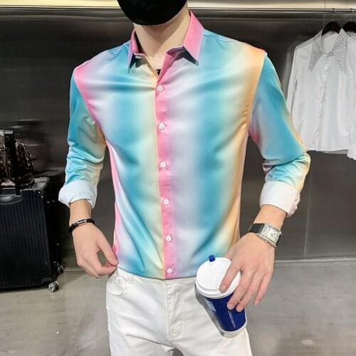 Gradient Printed Mens Shirt 2021 Autumn Long Sleeve Slim Street Casual Shirts Fashion Formal Dress Shirts Social Male Clothing