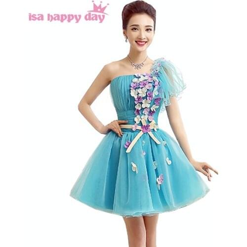 New arrive light blue one shoulder sweet 16 puffy princess pageant dresses short tulle prom dress 2020 ball gowns W2958