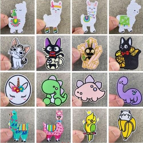 Cartoon Animal Stripe Patch DIY Cute Dinosaur Embroidered Patches for Clothing Cat Patch Alpaca Patch Applique Iron on Patches