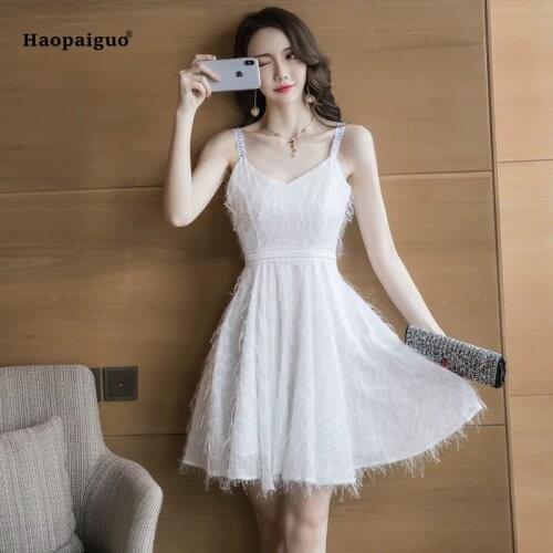 Plus Size A-line Dress 2019 Women Summer White Black Spaghetti Strap V-neck Knee-length Elegant Casual Dress Tassel Sukienka