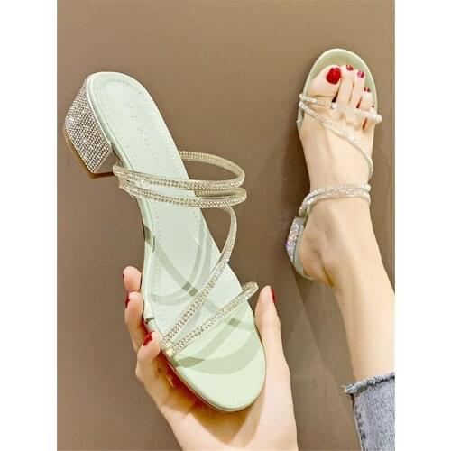 Sandals 2021 summer new style Korean fashion mid-heel slippers all-match exquisite rhinestone womens shoes can be worn outside