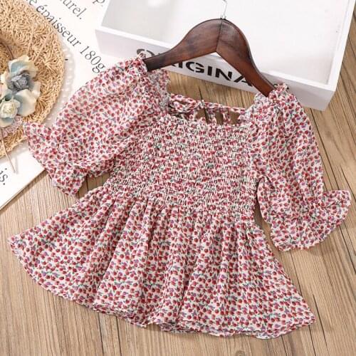 Korean Style Girls Chiffon Blouse Tops Puff Sleeve Ruffle Floral Printed T shirt for Girls Holiday Clothes DT136