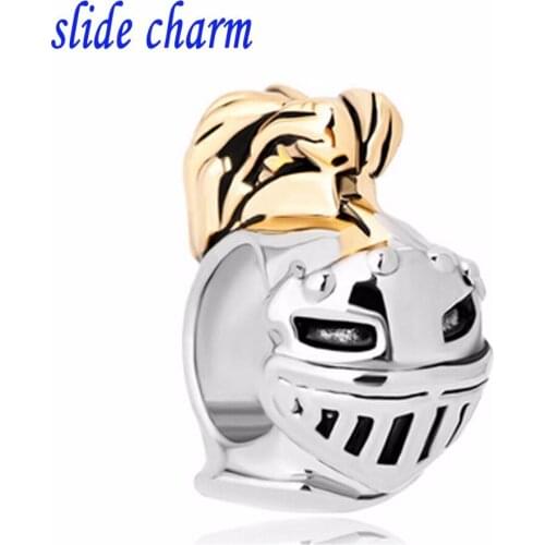 Slide charm Free shipping golden wheat religious knight helmet charm beads fit Pandora bracelet