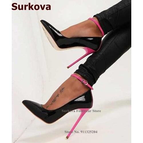 Surkova Pink High Heels Patent Leather Patchwork Dress Shoes Ankle Buckle Strap Pointed Toe Wedding Pumps Sexy Gladiator Shoes