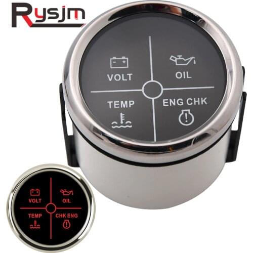 H 52mm Universal 4 LED Alarm Gauge with Volt Oil Pressure Water Temp CHK ENG Engine Alarm fit Marine Boat Car 9~32 V Indicator