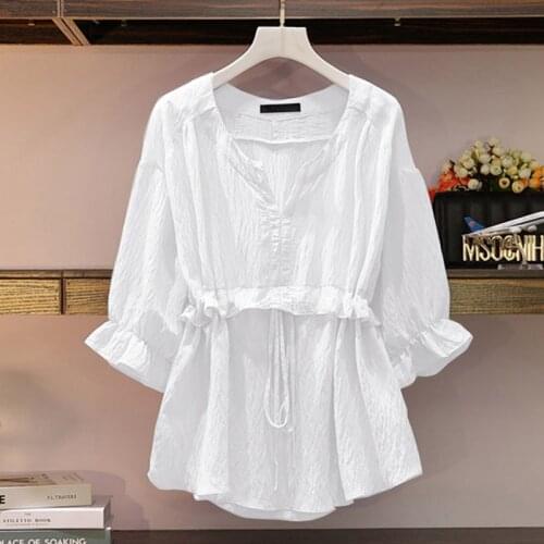 Shirt womens summer 2021 new Korean version loose and thin waist V-neck blouse fashion solid color chiffon shirt