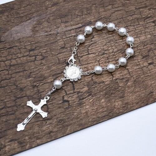 Womens Religious Jewelry White Simulated Pearl Beads Rosary Bracelet Prayer Virgin Our Lady of Guadalupe Christ Cross Bracelets