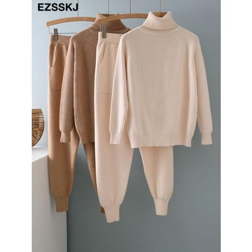 2 Pieces Set Women Knitted Tracksuit Turtleneck Sweater + Harem pants Pullover Sweater Set CHIC Knitted Outwear sweater suit