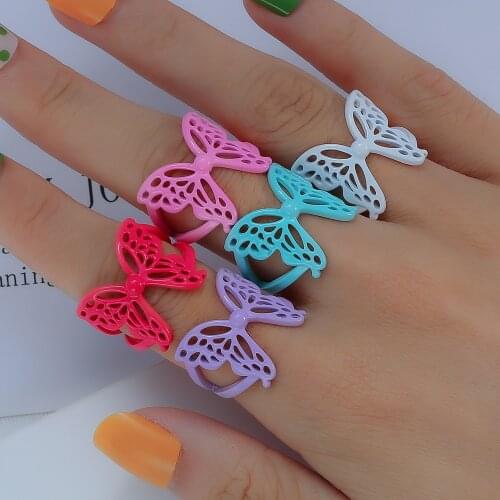 2021 Colorful butterfly Ins Candy Copper Women Ring Neon Drop Oil Metal Adjustable Open Ring For Women Party Summer Jewelry Gift