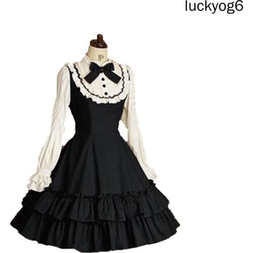 Princess Gothic Lolita School Ruffle Dress Womens Girls' Lace Cotton Bow Tie Vintage Slim Long Sleeve Dress