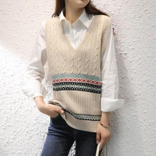 V-Neck Knitted Vest 100% Wool Womens Sweater Autumn New Korean Loose Wild Pullover Vest Sleeveless Sweater Waistcoat Outer