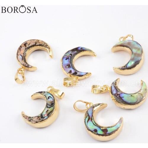 BOROSA 10PCS Gold Color Crescent Natural Abalone Shell Pendant Connector Double Charms for Necklace Jewelry G1767 G1768 G1769