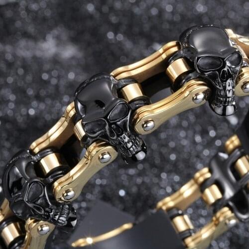 Punk Style 316L Stainless Steel Men Bracelet Yellow Gold Hand Link Black Skull Bike Motocycle Chain Bracelets