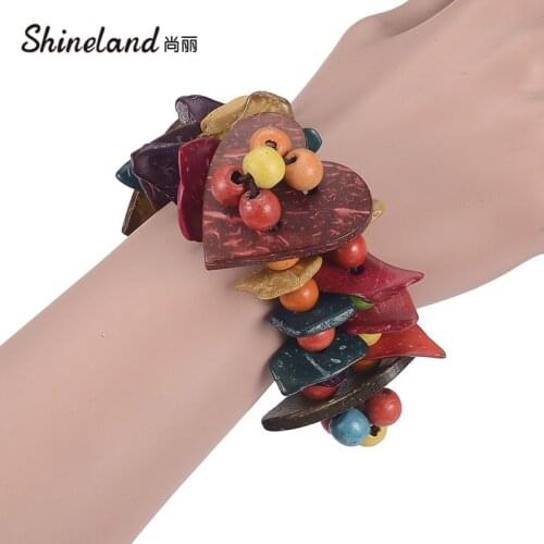 Shineland Ethnic Bohemian Handmade Wood Coconut Shell Heart Strand Bracelets Colorful Beads Stretch Bangles For Women Girl Gift