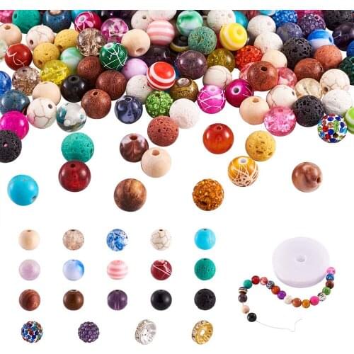 1Set Mixed Color Rhinestone Spacer Beads Mixed Material Loose Round Bead with Elastic Crystal Thread for DIY Bracelet Making Kit