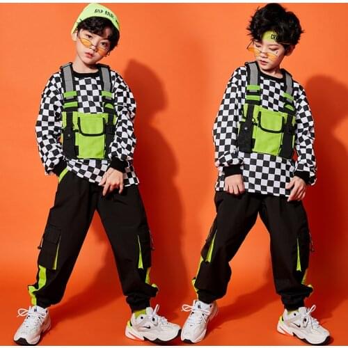 ChildrenS Hip Hop Costume Boys Long Sleeve Plaid Tops Girls Street Jazz Dancing Performance Suit Modern Stage Outfits BL4880
