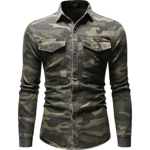 Tough Guy Style Army Green Camouflage Denim Shirt Long Sleeve Hombre Outdoor Climbing Jean Tops High Quality Cotton Cowboy Shirt