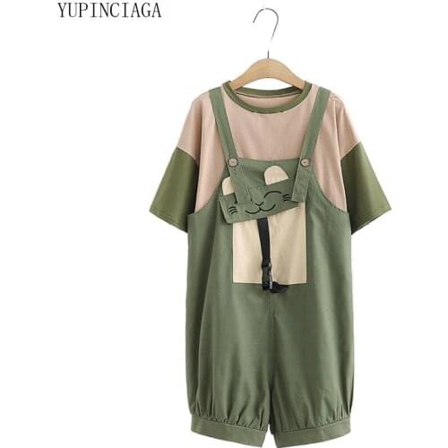 2 piece set women O-neck Short Sleeve Patchwork Cotton T Shirt Cartoon Cat Embroidery Student Strap Pants Sweet Style Girl Pants