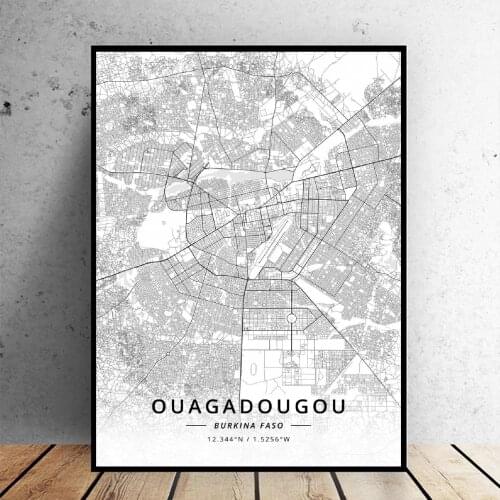 Black and White Ouagadougou Burkina faso Latitude Longitude Canvas Art Map Poster for living room home decor frame