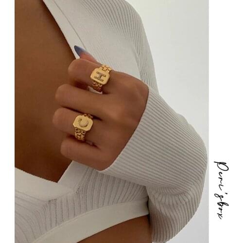 PerisBox Custom CZ Stone A-Z Square Initial Rings Wide Letter Geometric Rings for Women Watchband Link Chain Statement Rings