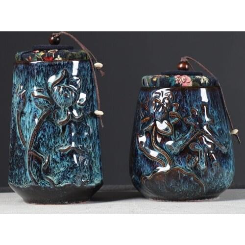 Creative Dark Blue Kiln-changing Ceramic Storage Jar with Lid Portable Sealed Tea Caddy Object Storage Bottle Teacup Storage Box