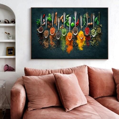 Kitchen Variety of Seasoning Grains Spices Spoon Art Canvas Print Painting Wall Picture Living Room Home Decoration Poster