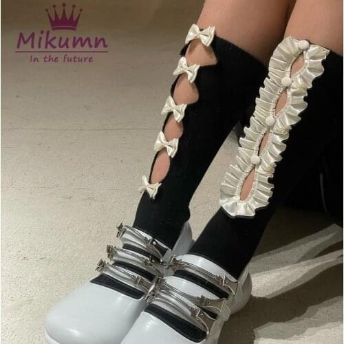 Japanese Harajuku Sweet Bow Ruffles Sexy Hollow Out Black White Elastic Socks Women Girls