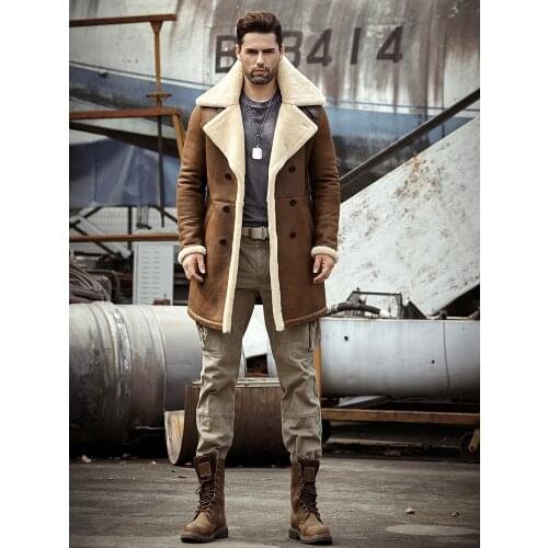 Mens Plus size Fur Shearling Sheepskin Genuine Leather Long Coat Males Thick Winter Warm Coat Aviator Coat Outerwear Trench