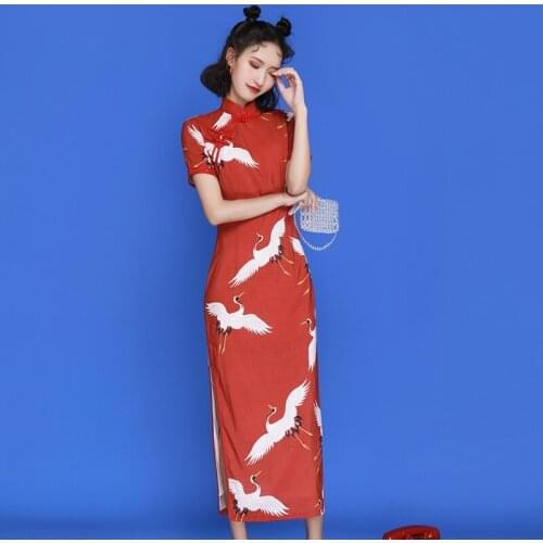 Chinese Style Qipao Dress Women Short Sleeve Mid-Calf High Waist Loose Slit Dresses Oriental Vintage Crane Print Vestidos 30962