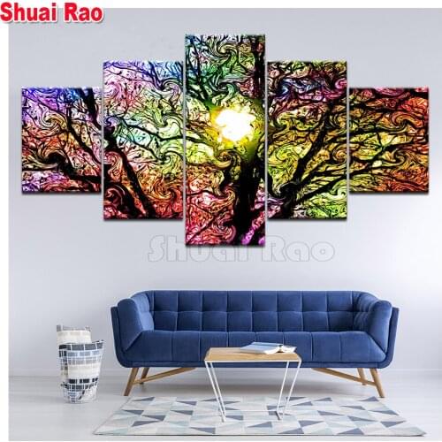 Full square round diamond painting 5 Pieces Abstract colorful sunrise tree cross stitch drawings 3d Pictures Diamond art
