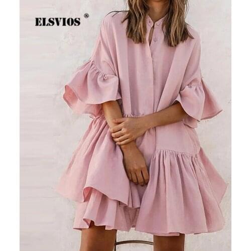 Dresses Woman Summer 2021 Stand-up Collar Flared Sleeves Casual Dress Fashion Elegant Ruffle Chiffon Solid Female Dress Vestidos