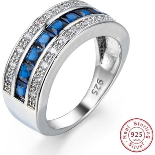 Sumptuous Mens Wide 925 Sterling Silver Ring for Women Gemstone Inlay CZ Ring Men with Stamp Wedding Band Party Jewelry