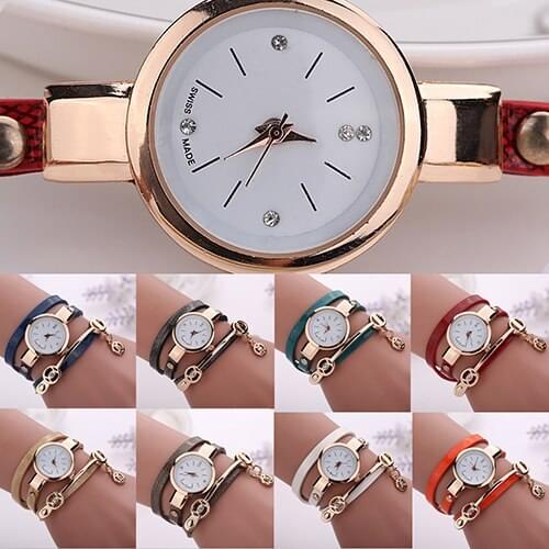 Luxury Brand Women Long Slim Faux Leather Strap Round Analog Crystal Dial Quartz Wrist Watch 75H3
