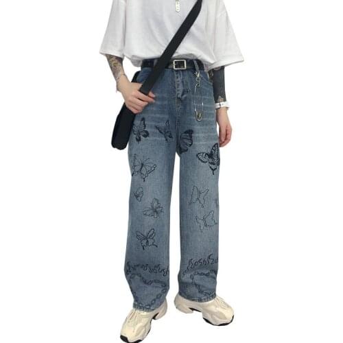 2021 Harajuku style retro graffiti butterfly wide leg pants loose high waist jeans