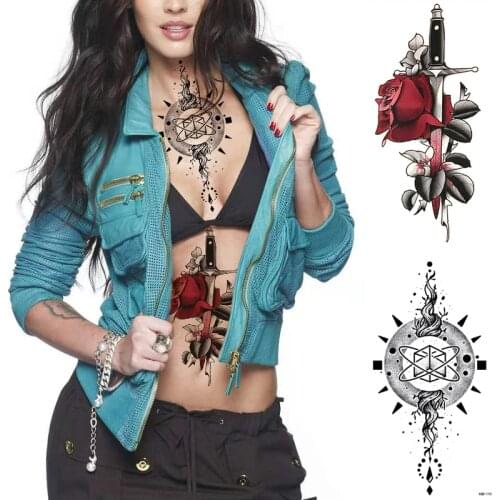 Half Arm Flash Tattoos For Women Waterproof Dagger Sword Roses Tattoo Temporary Half Arm Sleeve Thigh Tattoo Thigh Dragon