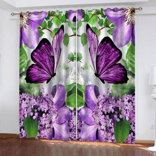 Blackout Curtains Beautiful Purple Flower Butterfly Thermal Insulated Soundproof Blinds Drapes For Bedroom Living Room Custom