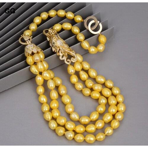 GuaiGuai Jewelry 21" 9x11MM Golden Yellow Rice Pearl Necklace Cz Pave Dragon Connector