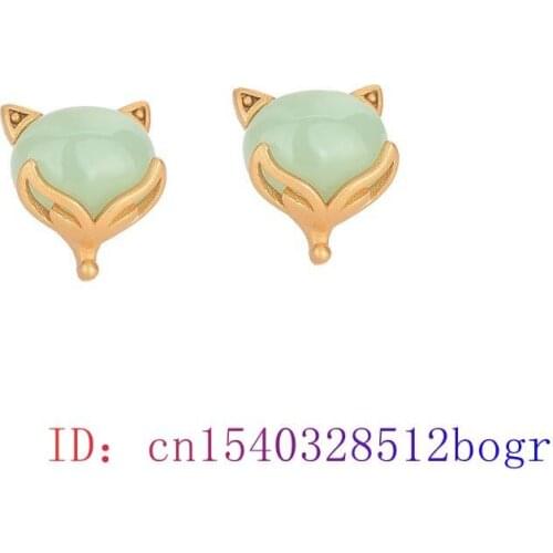 Green Jade Fox Ear Studs Charm Gemstone Zircon Gifts Crystal Fashion Earrings Amulet Women Chalcedony 925 Silver Natural