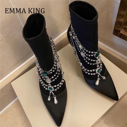 2021 Spring Women Crystal Necklace Decor Ankle Boots Leather Lycra 10.5cm Stiletto Heels Boots Sexy Pointed Toe Botas De Mujer