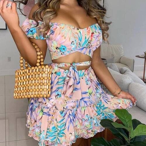 Spring Summer Off Shoulder Floral Print Top & Frill Hem Skirt Set Women Sets 2 Piece Set Dress Female Summer Beach Dress 2021