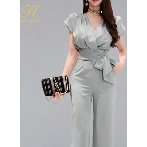 H Han Queen New 2-piece Suits Women 2019 Summer Elegant V-neck Lace Up Crop Top & High Waist Solid Color Long Pants OL Work Set
