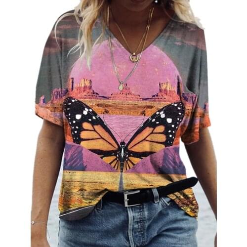 Women Casual Summer T-shirts Clothing For Girls Plus Size Top Ladies Fashion 3d Butterfly Print V-neck Short Sleeve Tops 2021