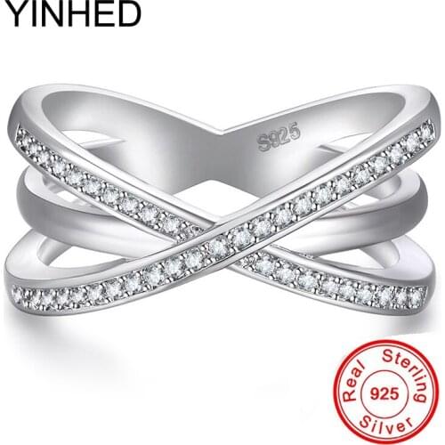 YINHED Pure 925 Silver Ring Fine Jewelry Micro Inlaied Cubic Zircon CZ Crystal Cross Rings For Women Wedding Party Ring ZR469