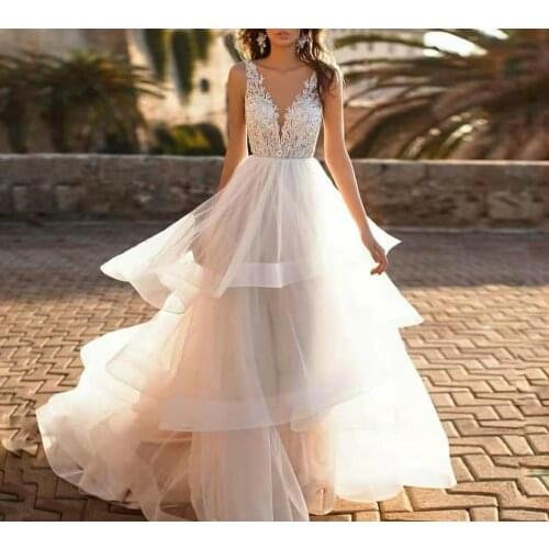 Classic Long Mermaid Sleeveless Tulle Wedding Dresses Floor Length Pleated V-Neck Lace Abendkleider Maxi Bridal Gowns for Women