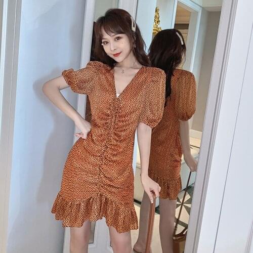 Fashion Summer Korean Vintage Puff Sleeve Mini Party Dress Ladies Elegant Casual V-Neck Drawstring Print Ruffl Beach Short Dress