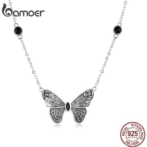 Bamoer Silver Vintage Dark Gem Big Butterfly Necklace for Women 925 Sterling Silver Jewelry Ball Party Halloween Gift Choker